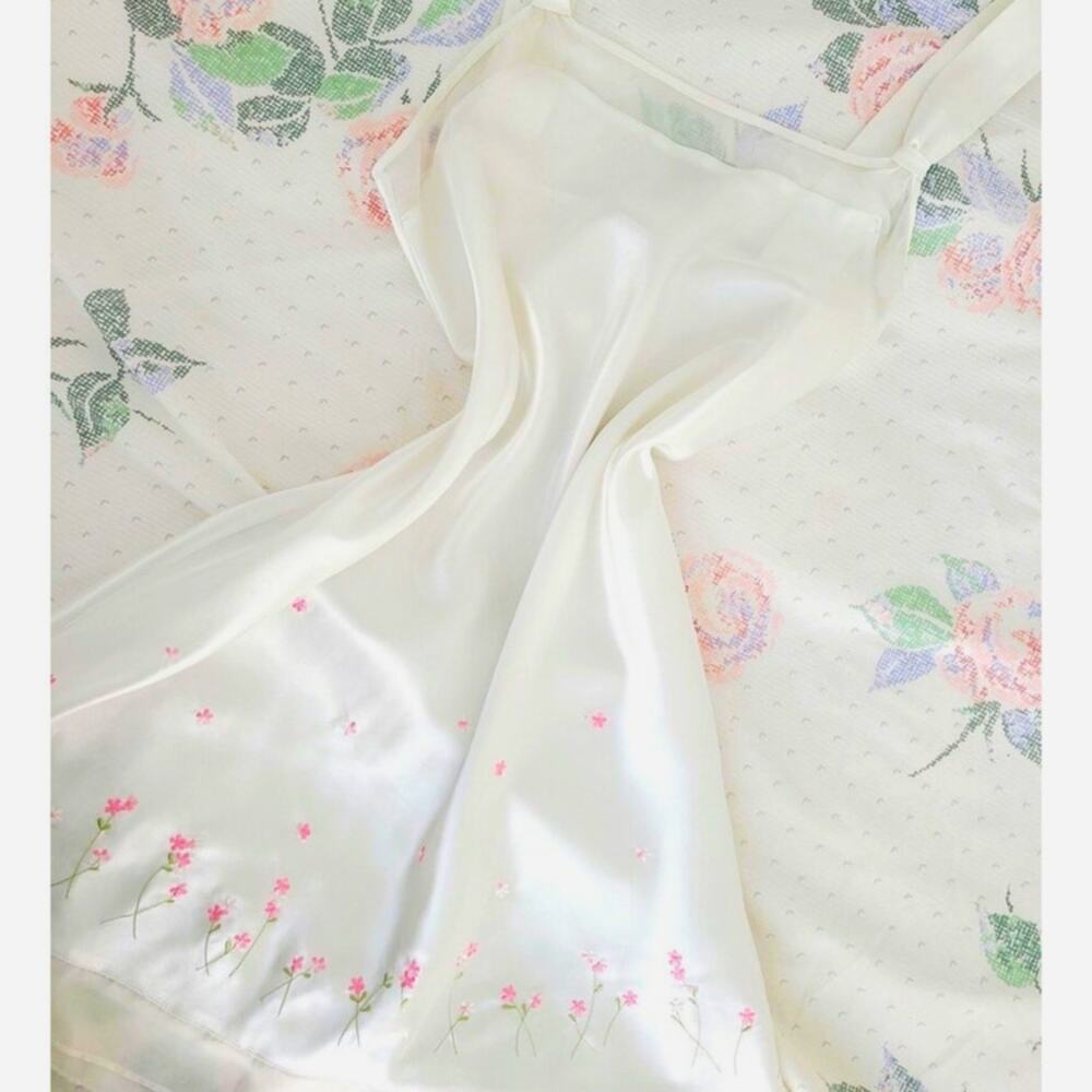 Womens medium White Satin Coquette Mini Slip Dress Pink Embroidered Flowers​​
